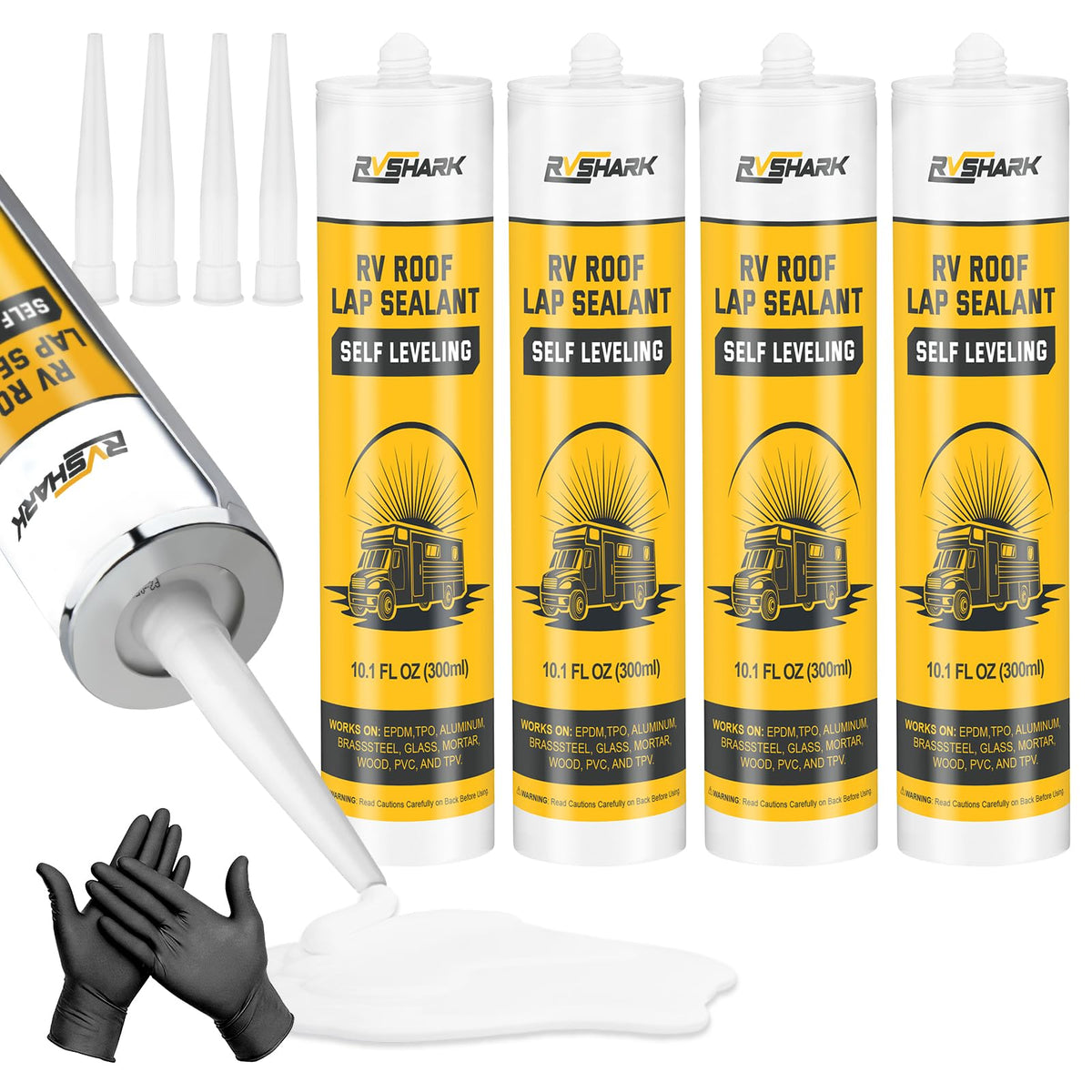 RVshark front packaging showing four white sealant bottles and clear labeling for quick repairs