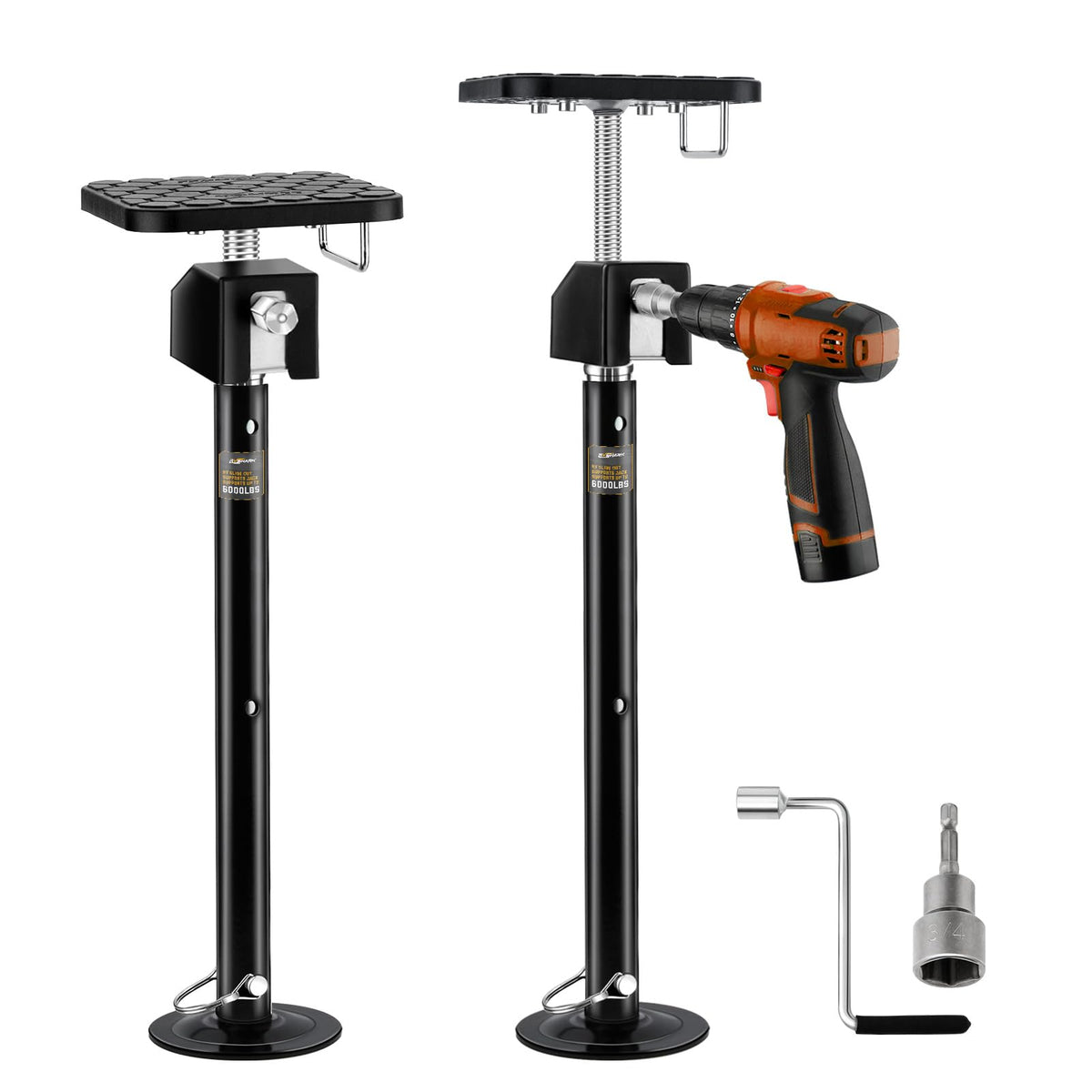 RVSHARK front view of two black slide out support jacks showing durable finish and compact feet for secure support