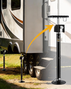 RVSHARK support jack next to RV wheel for scale comparison to illustrate size and footprint