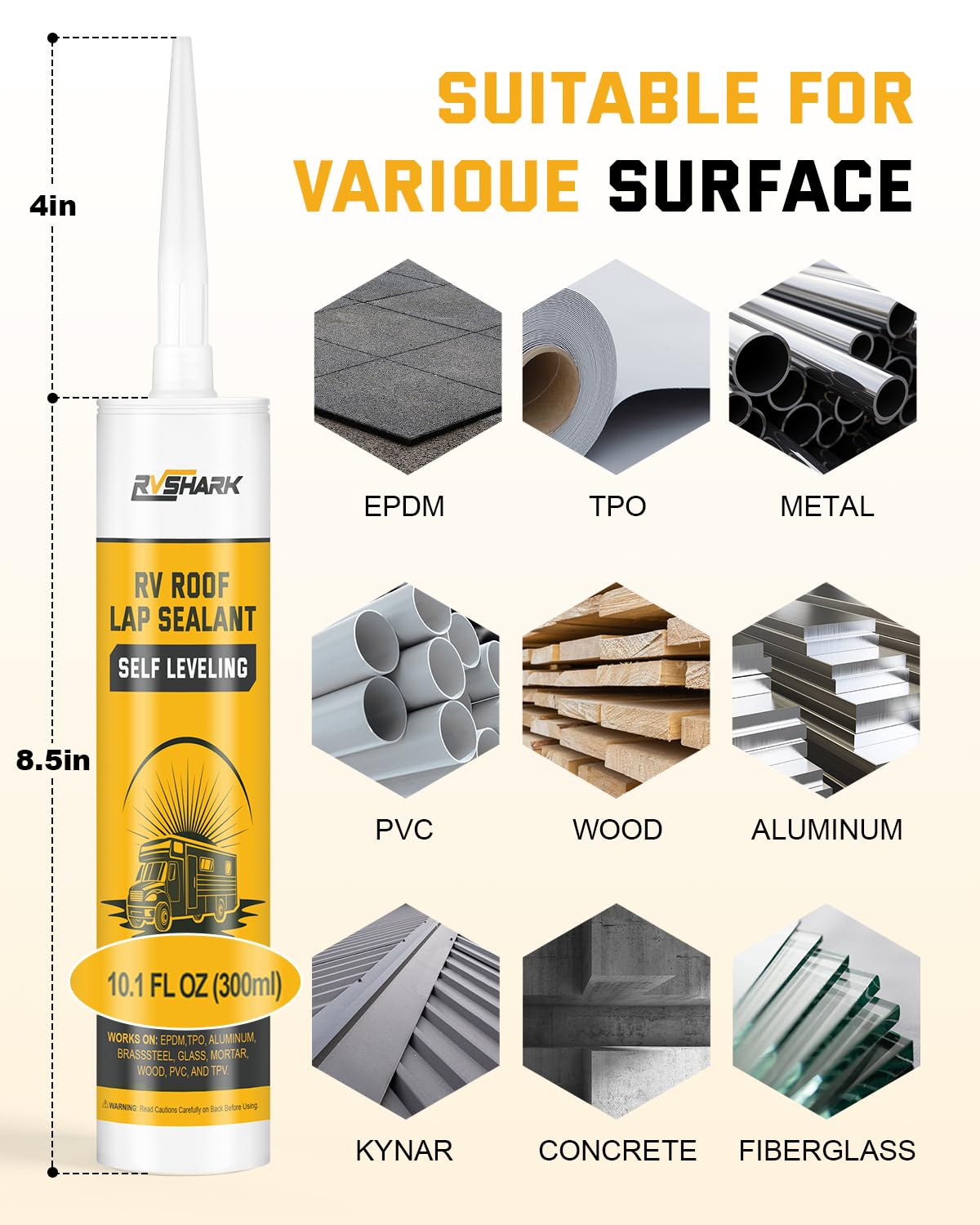 RVshark infographic showing temperature range -40°F to 200°F and UV resistance benefits