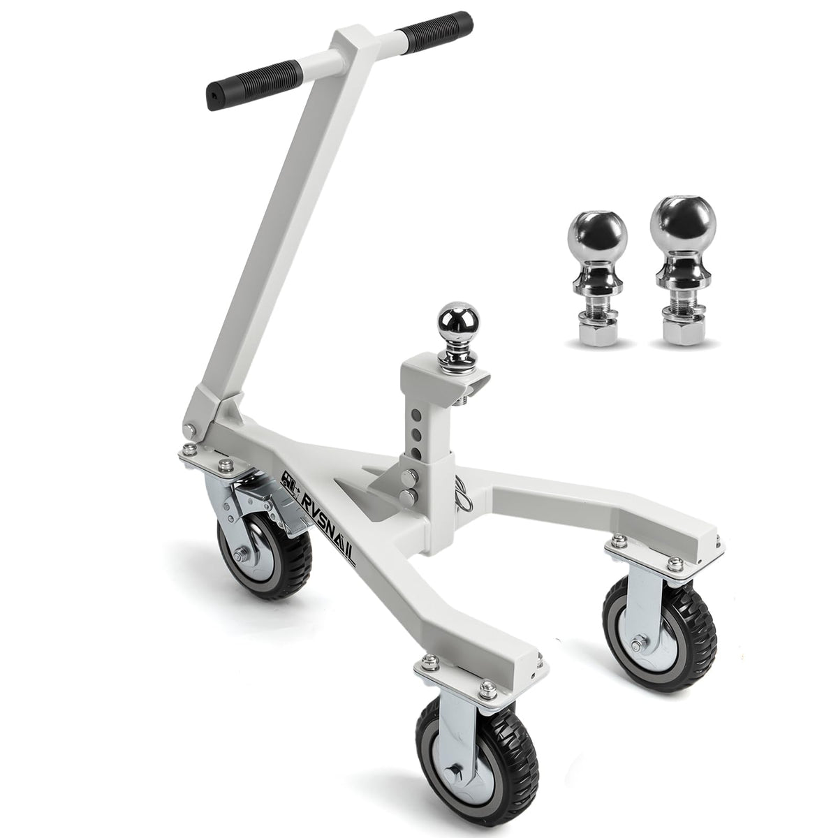 RVSNAIL front view showing full dolly and hitch for easy trailer handling