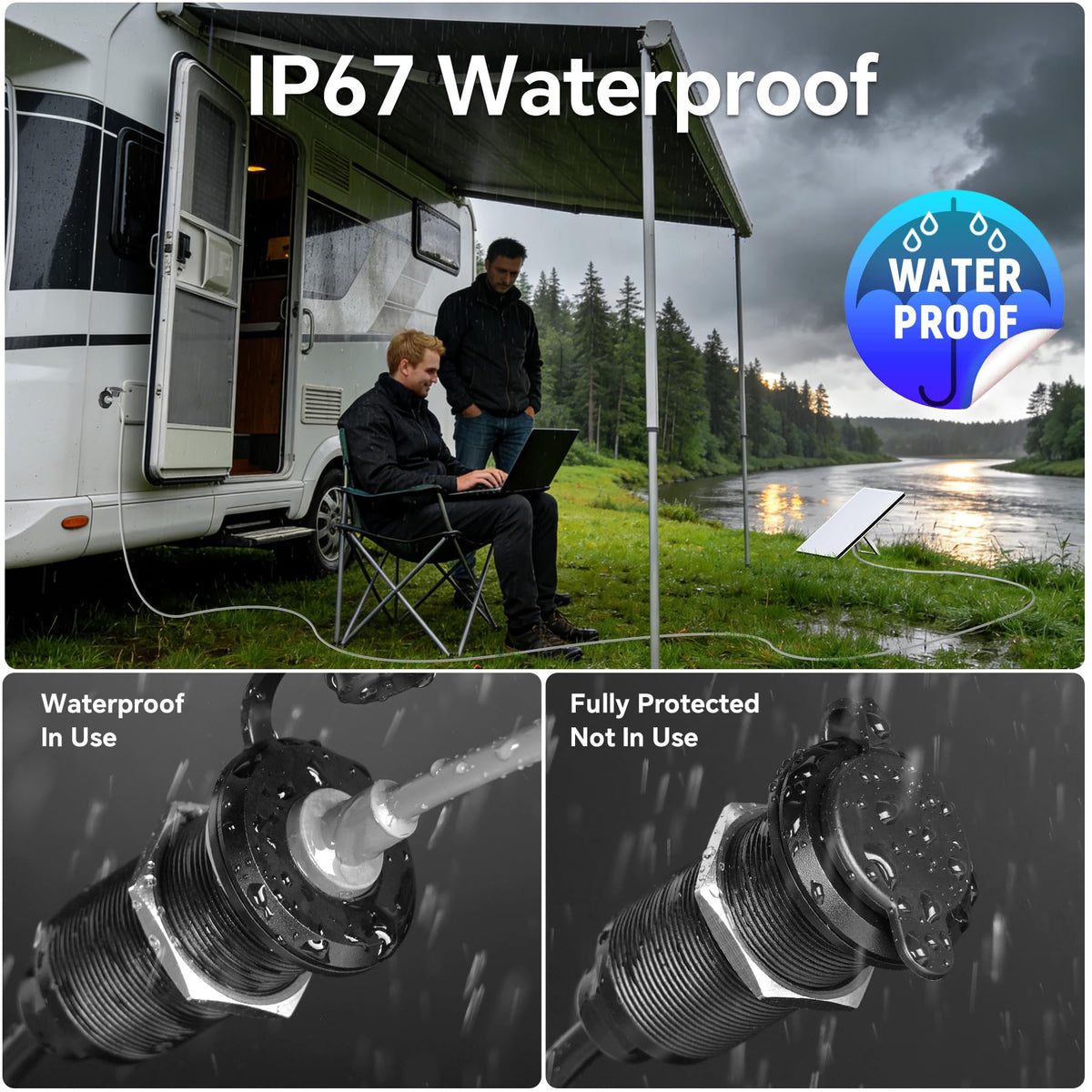 RVSPARK installed on RV roofline with tidy external cable entry and weather protection