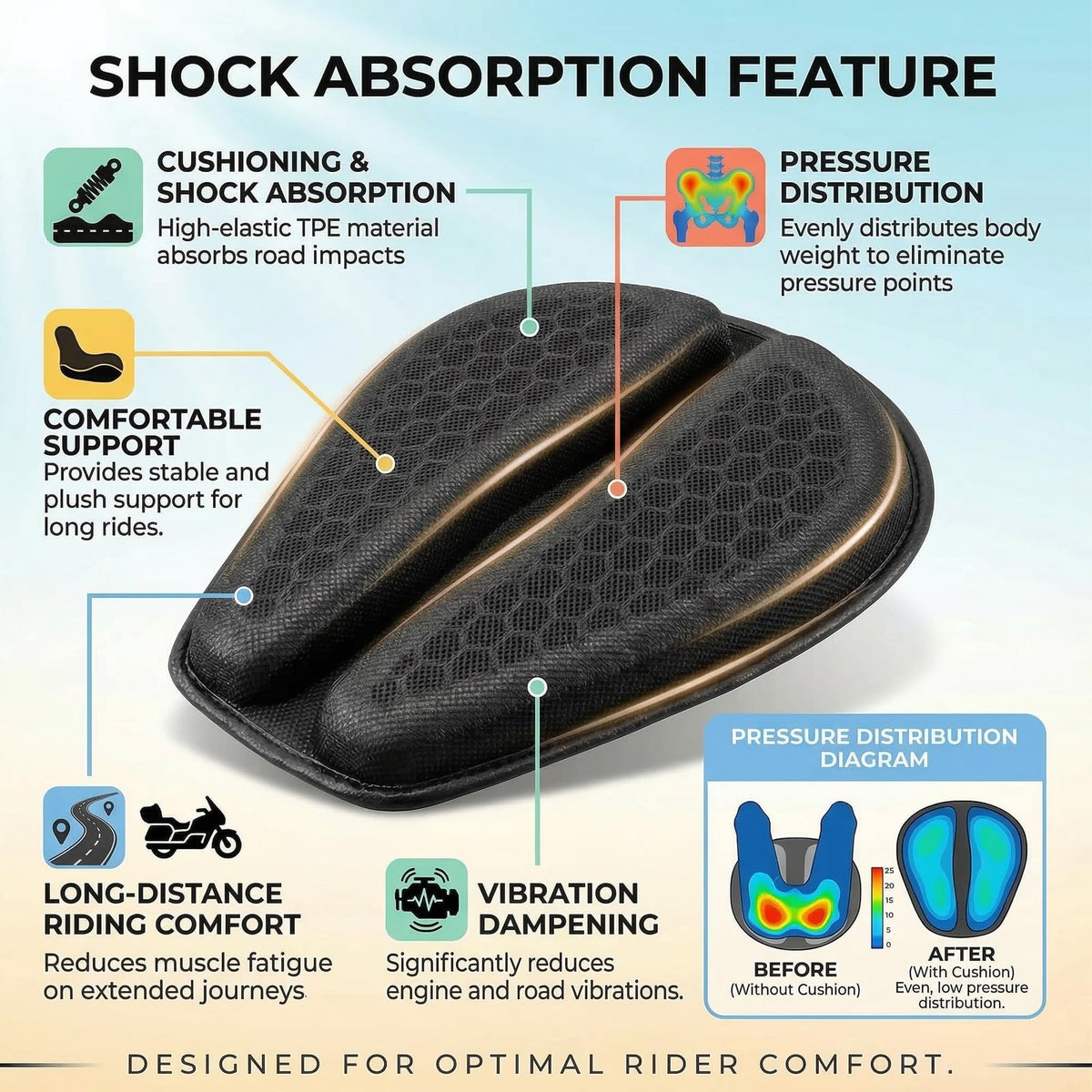 RWUJILONG seat cushion installed on cruiser demonstrating comfort improvement