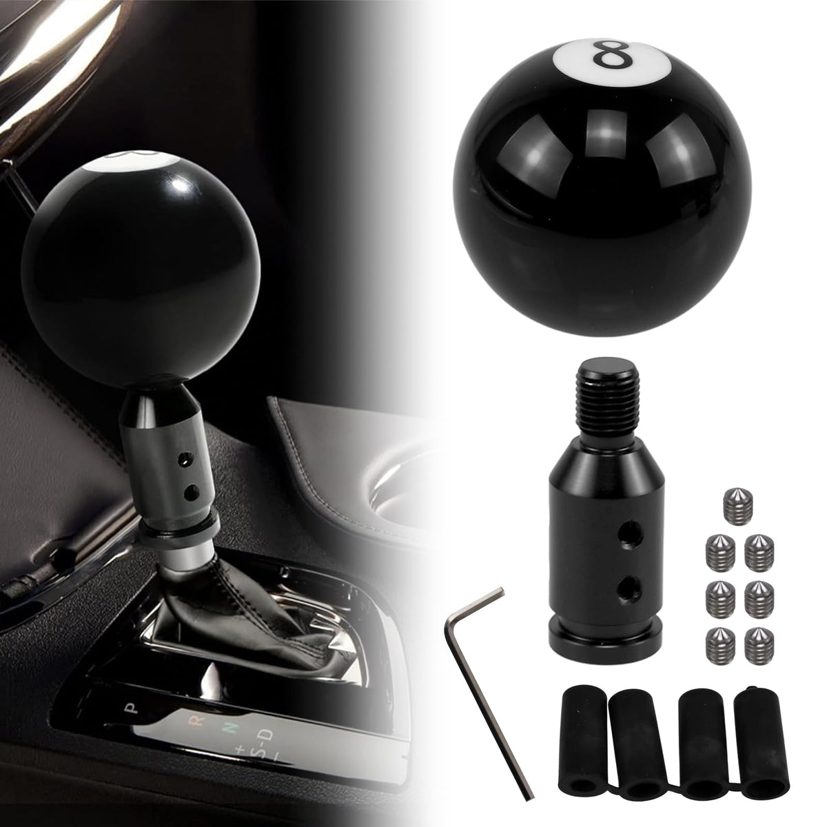 RYANSTAR RACING front view of black 8-ball shift knob showing fit and finish benefits
