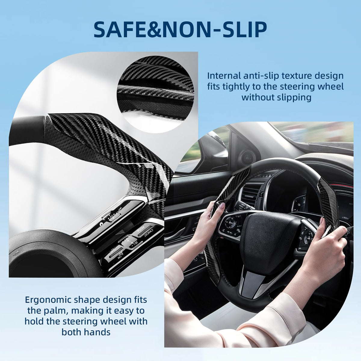 RYCELYSIAN hand gripping wheel demonstrating ergonomic contours and comfort benefit