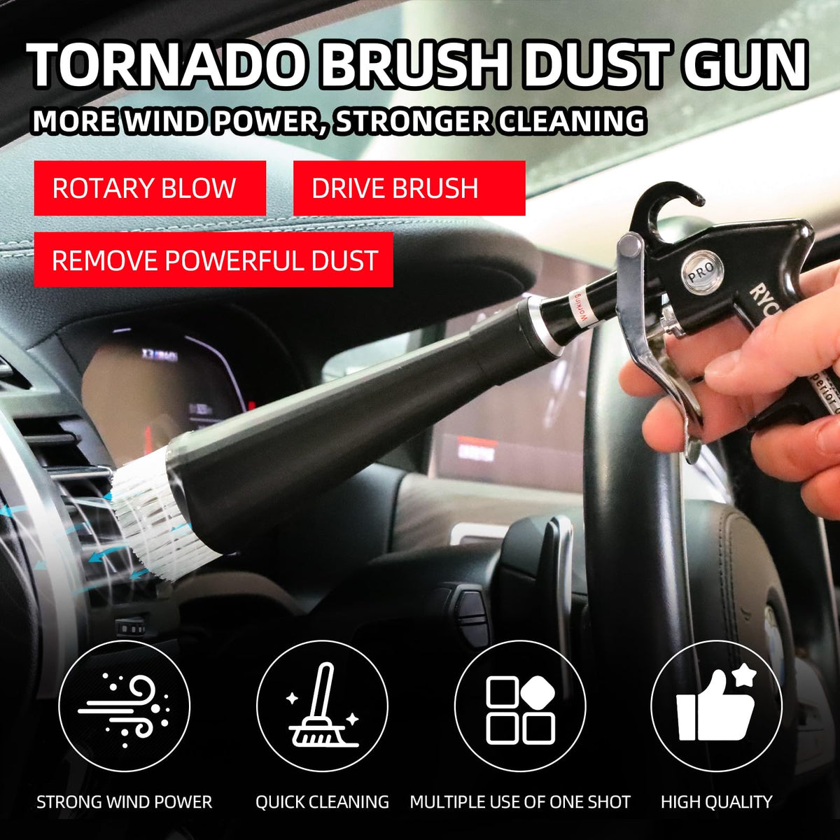RYCUBRE gun in use cleaning car seat removing dust and crumbs effectively