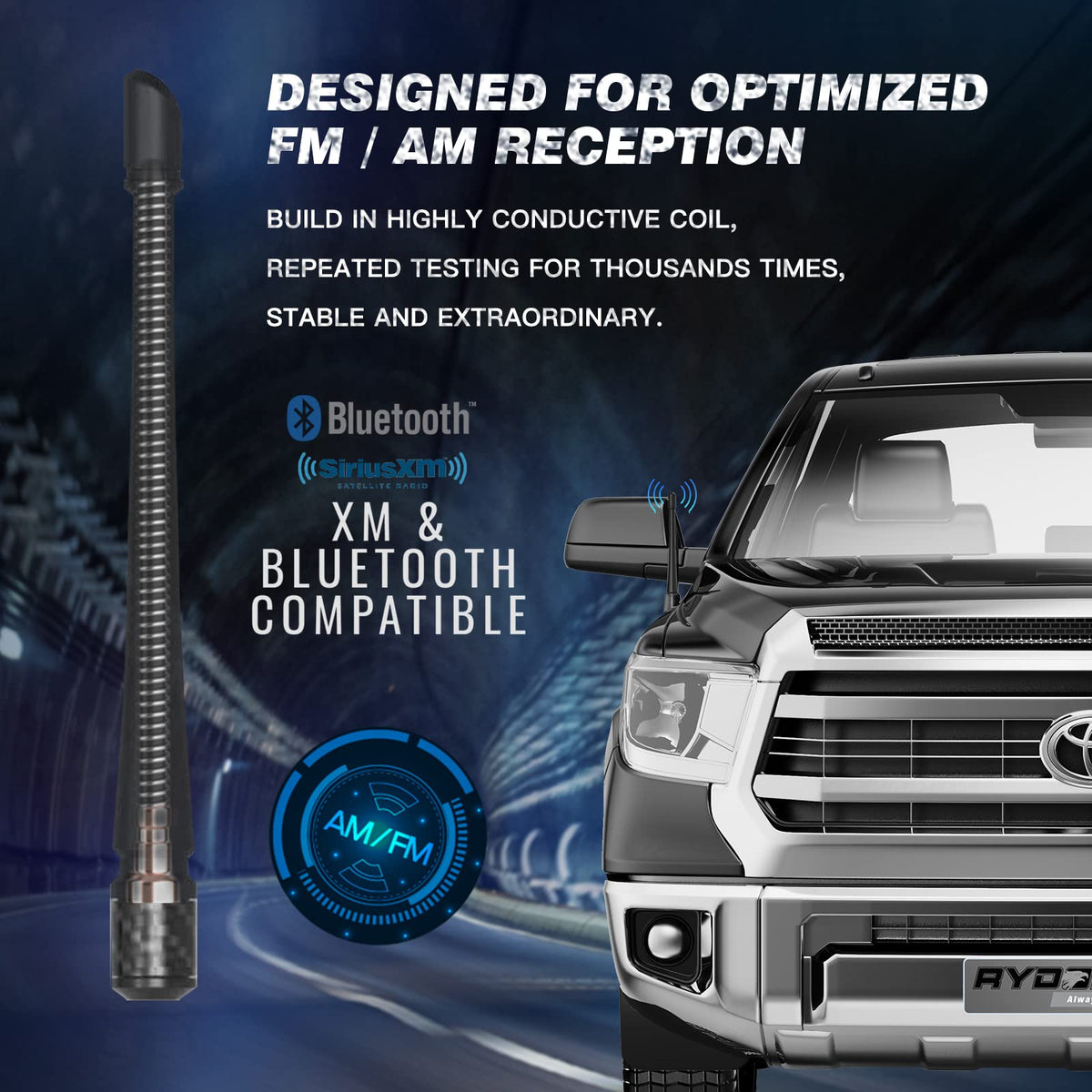 Rydonair antenna being screwed into a Toyota Tundra base for quick installation
