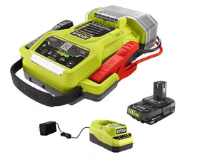 RYOBI front view showing jump starter kit and included 2.0Ah battery for easy starts