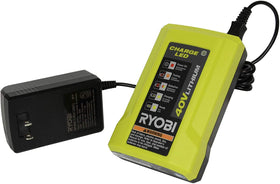 RYOBI OP404 front view compact charger showing form and cord, reliable charging