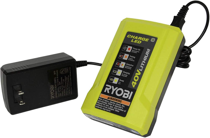 RYOBI OP404 front view compact charger showing form and cord, reliable charging