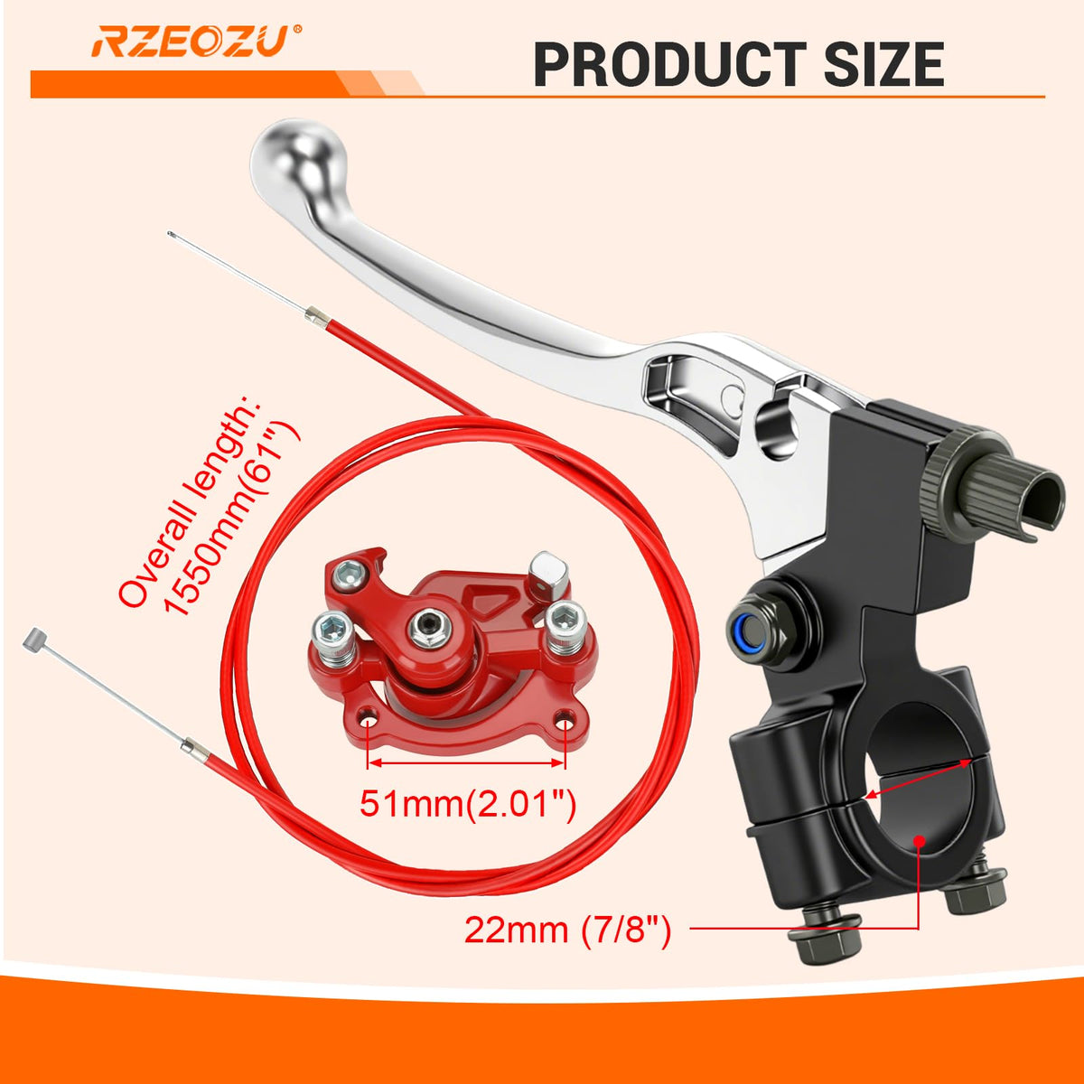 RZEOZU 61 inch brake cable laid straight to show length and sleeve for reliable routing