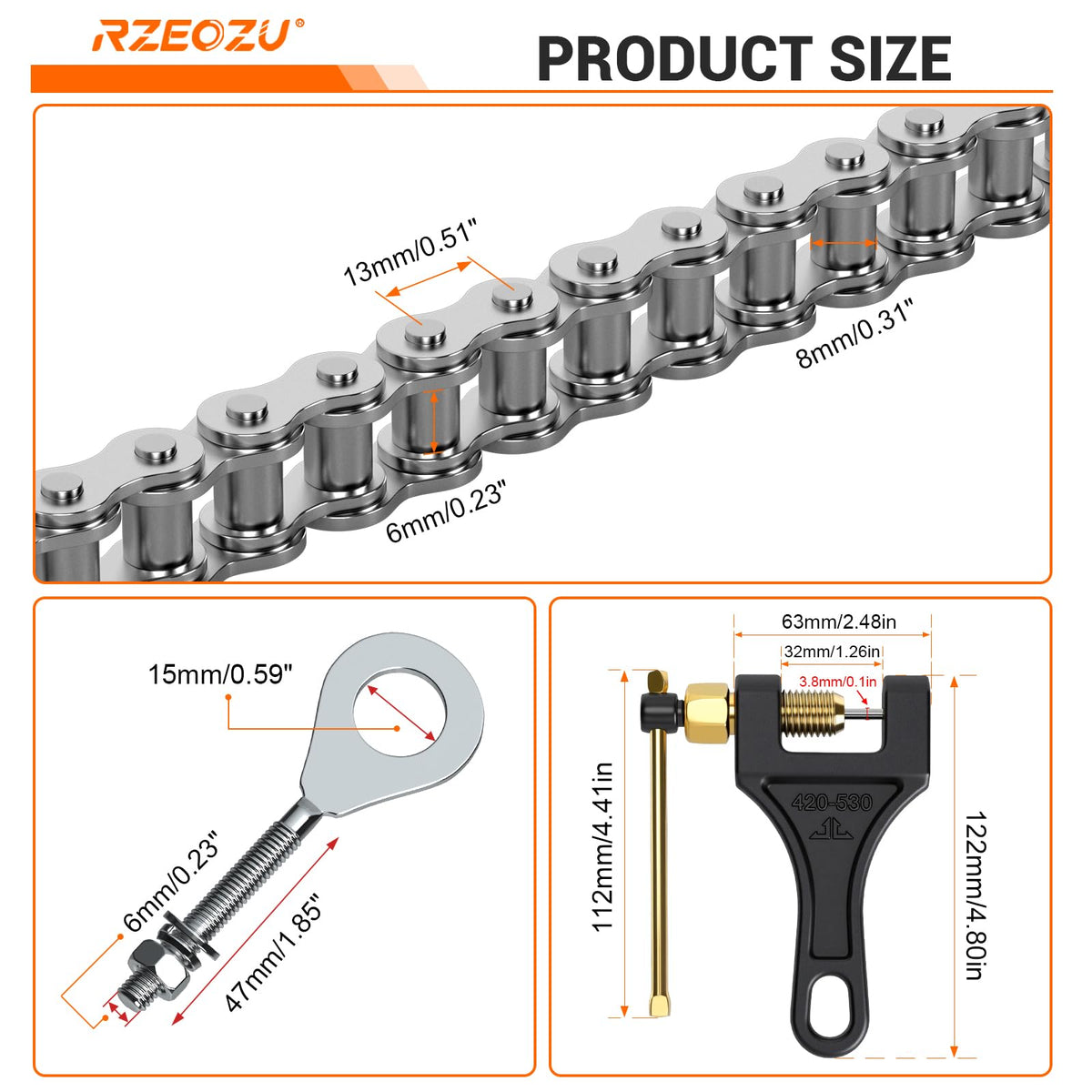 RZEOZU 15mm adjuster and master link detail enabling secure tension adjustments