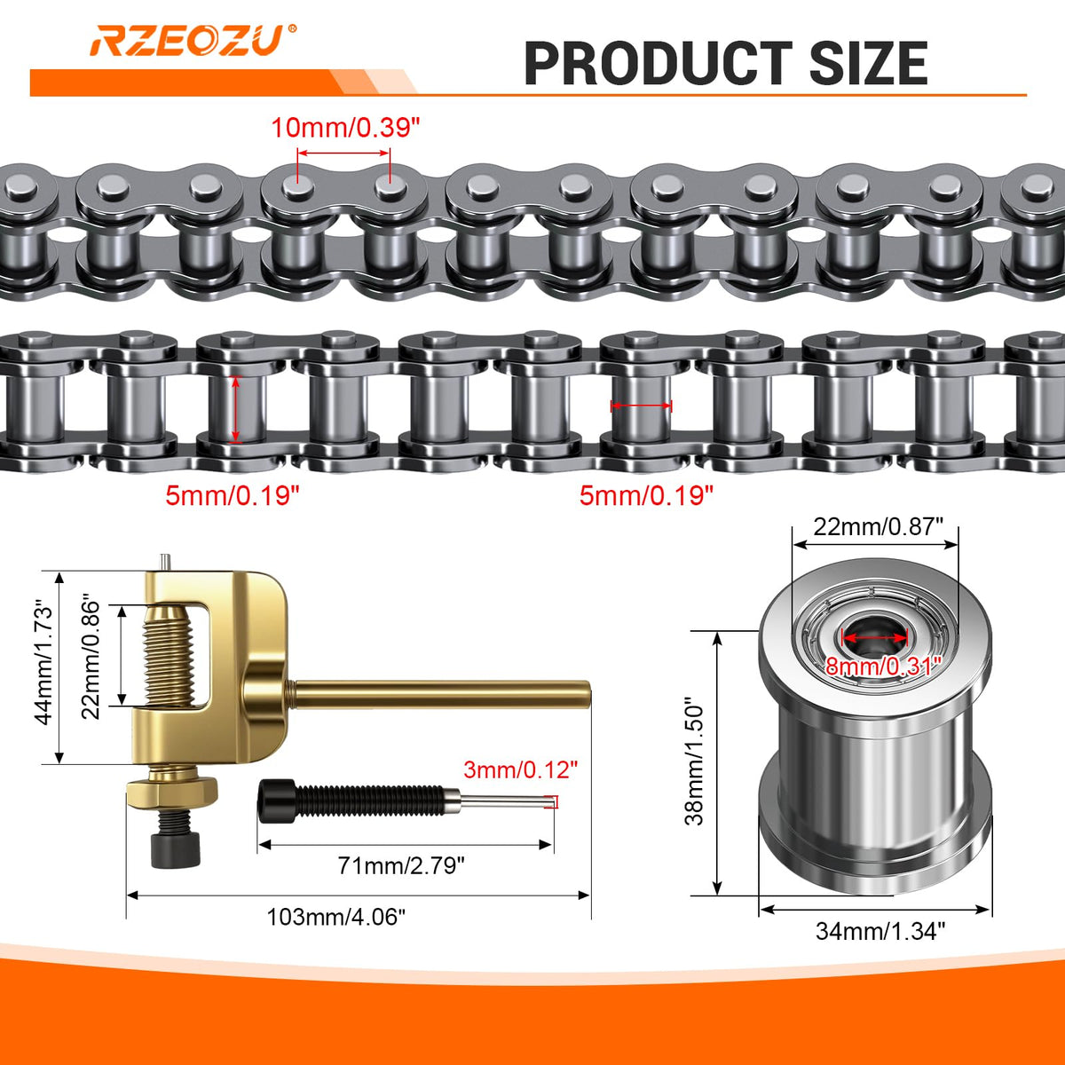 RZEOZU close-up of alloy-steel 35 chain links showing durable wear resistance
