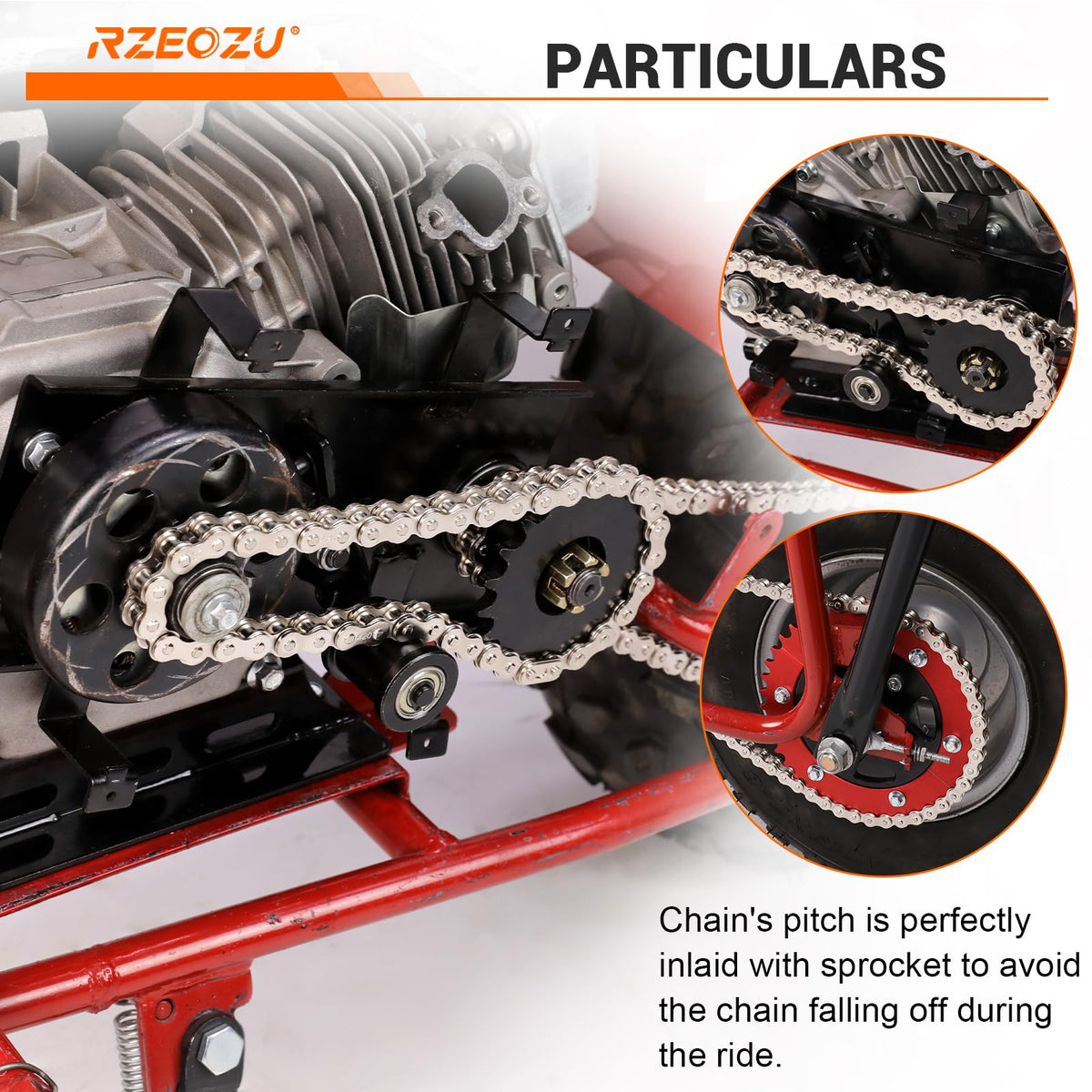 RZEOZU chain installed on a mini bike drivetrain demonstrating proper fitment