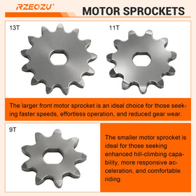 RZEOZU 9T, 11T, 13T motor sprockets displayed, selectable gearing for tuning