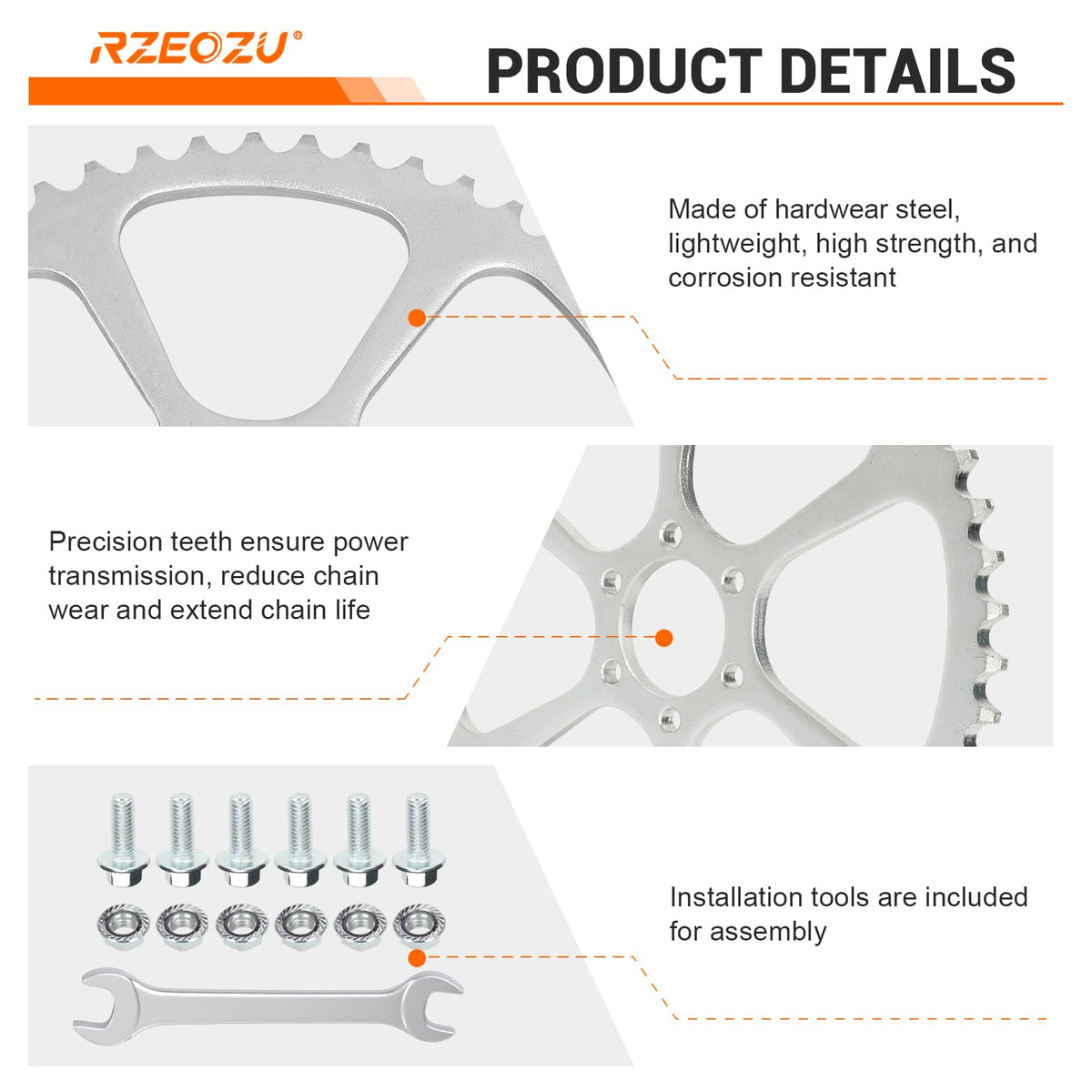 RZEOZU sprocket next to ruler showing exact diameter and measurement benefit