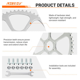 RZEOZU sprocket next to ruler showing exact diameter and measurement benefit