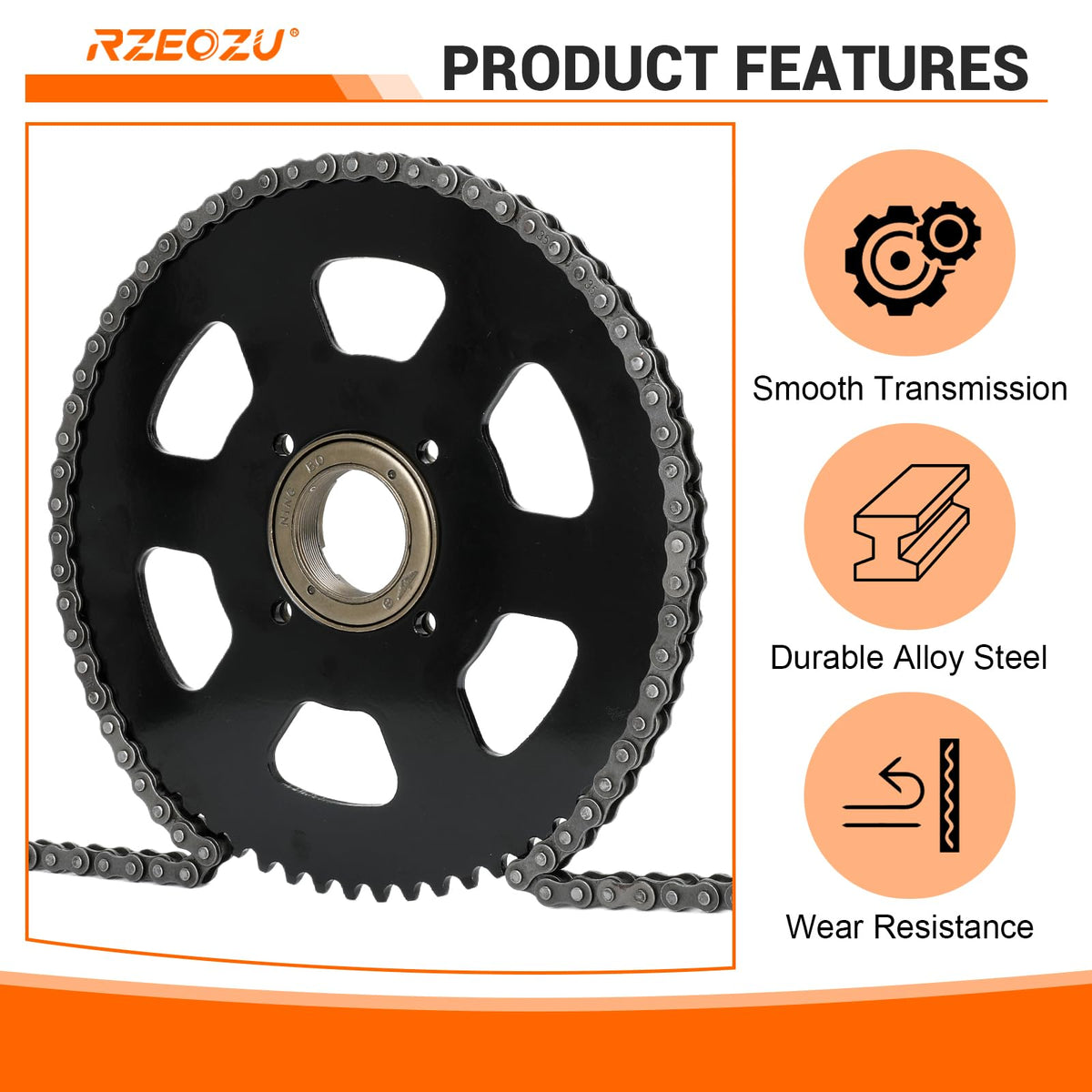 RZEOZU sprocket and chain next to ruler showing 54mm bore and scale fit