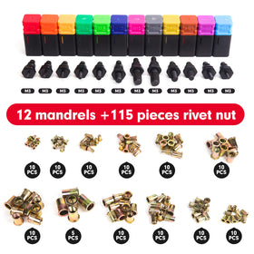 RZX mandrels and rivet nuts laid out for quick size selection