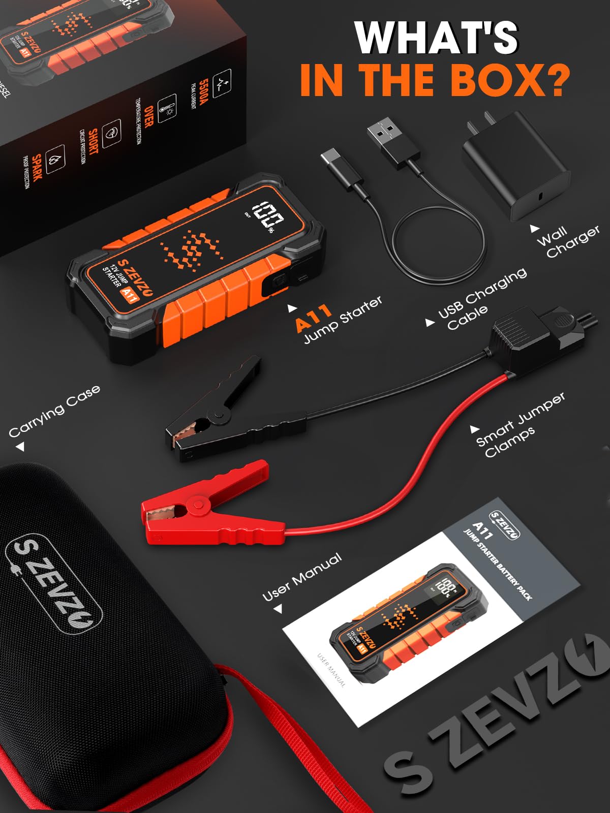 S ZEVZO A11 connected to a car battery demonstrating jump-start capability