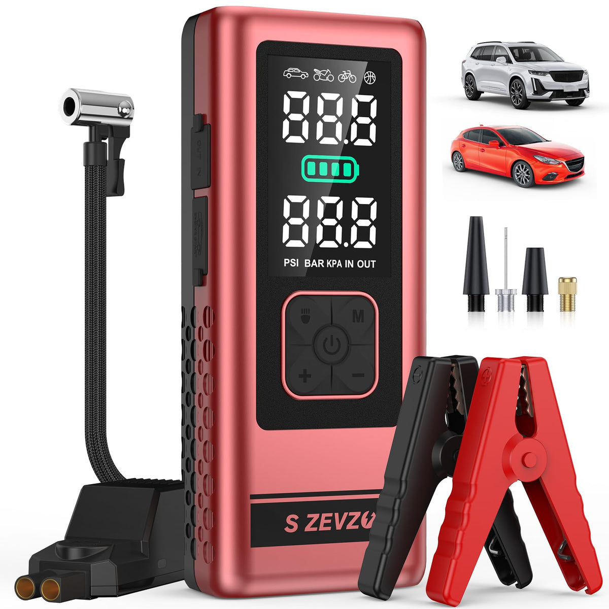 S ZEVZO front view showing compact jump starter design and portability benefit