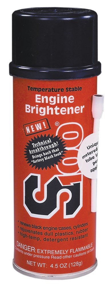 S S100 front packaging of engine brightener two-pack showing cans and label benefit