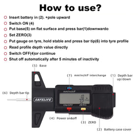 SAFELIFE gauge measuring a tire tread to help assess safety quickly