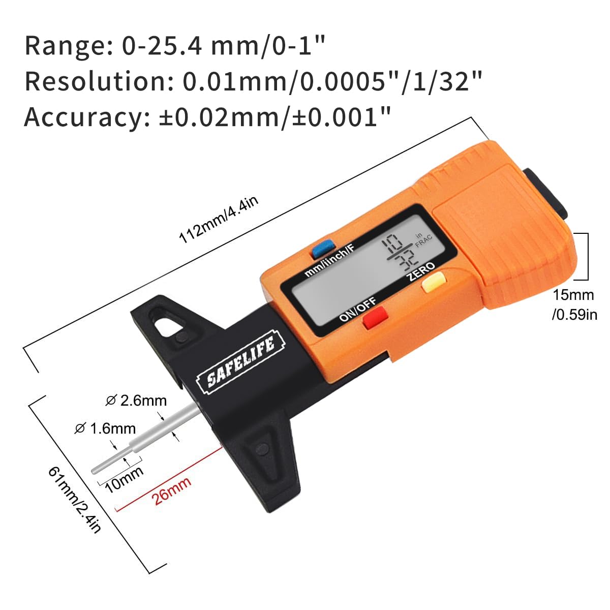 SAFELIFE in use on car tire measuring tread depth for safety checks