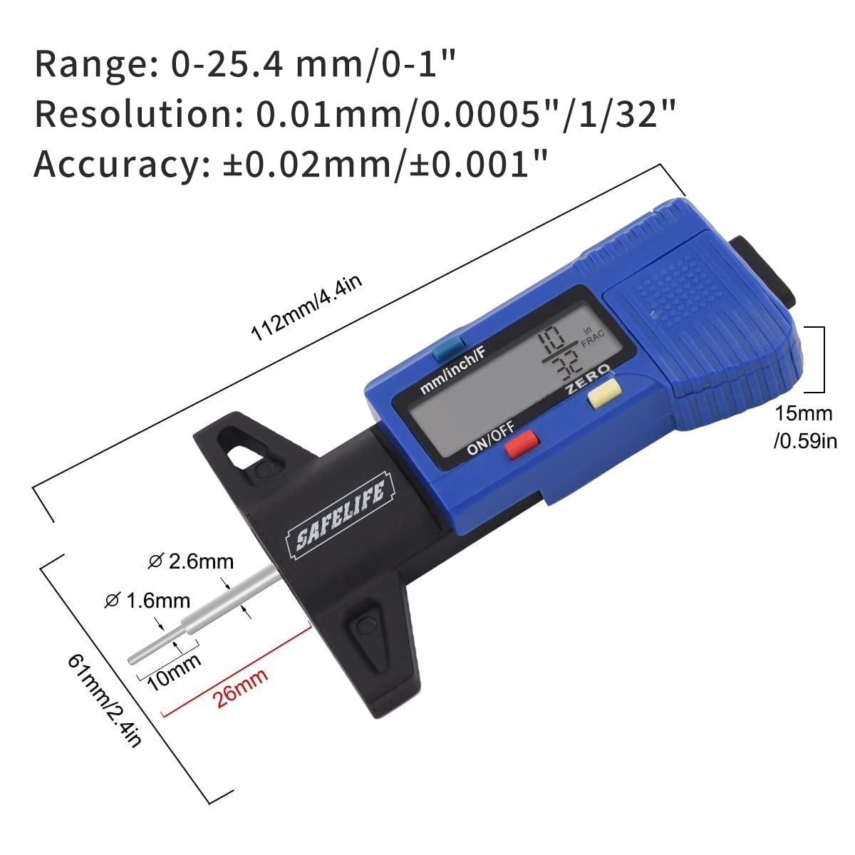 SAFELIFE gauge in use on a car tire showing fast measurement benefit