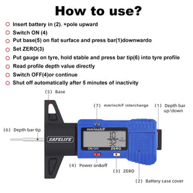 SAFELIFE measuring a car tire tread in use for quick safety checks benefit