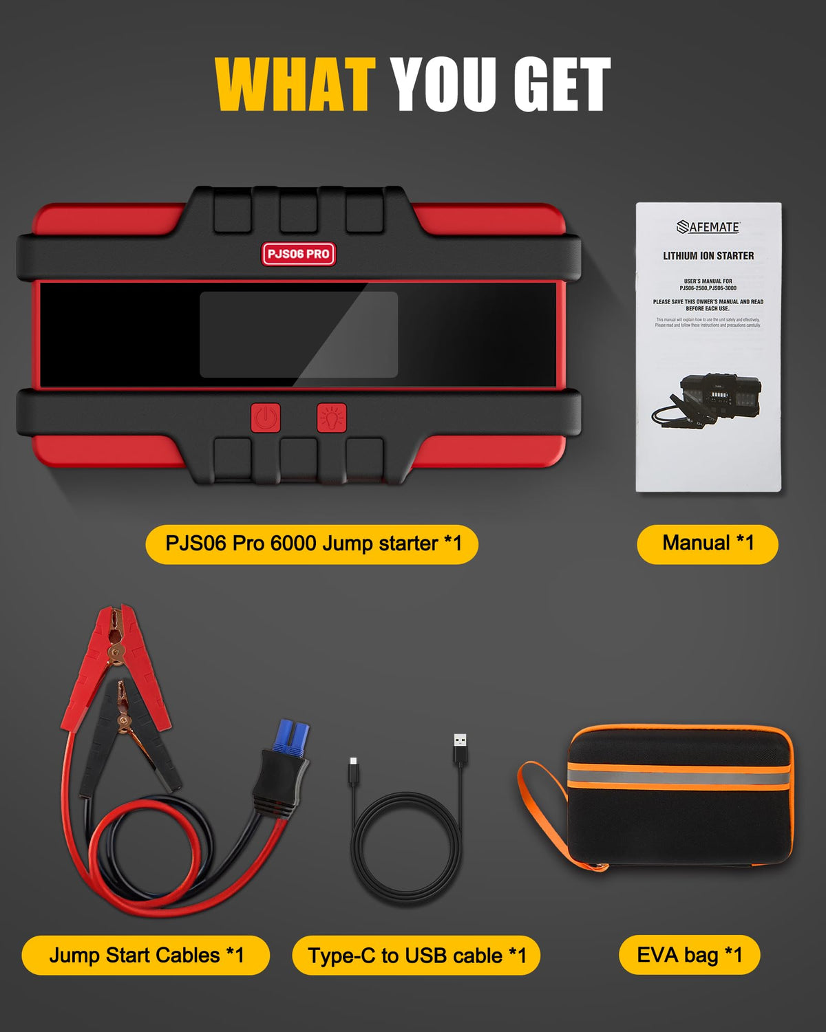 SAFEMATE accessories laid out with case showing included cables and user manual
