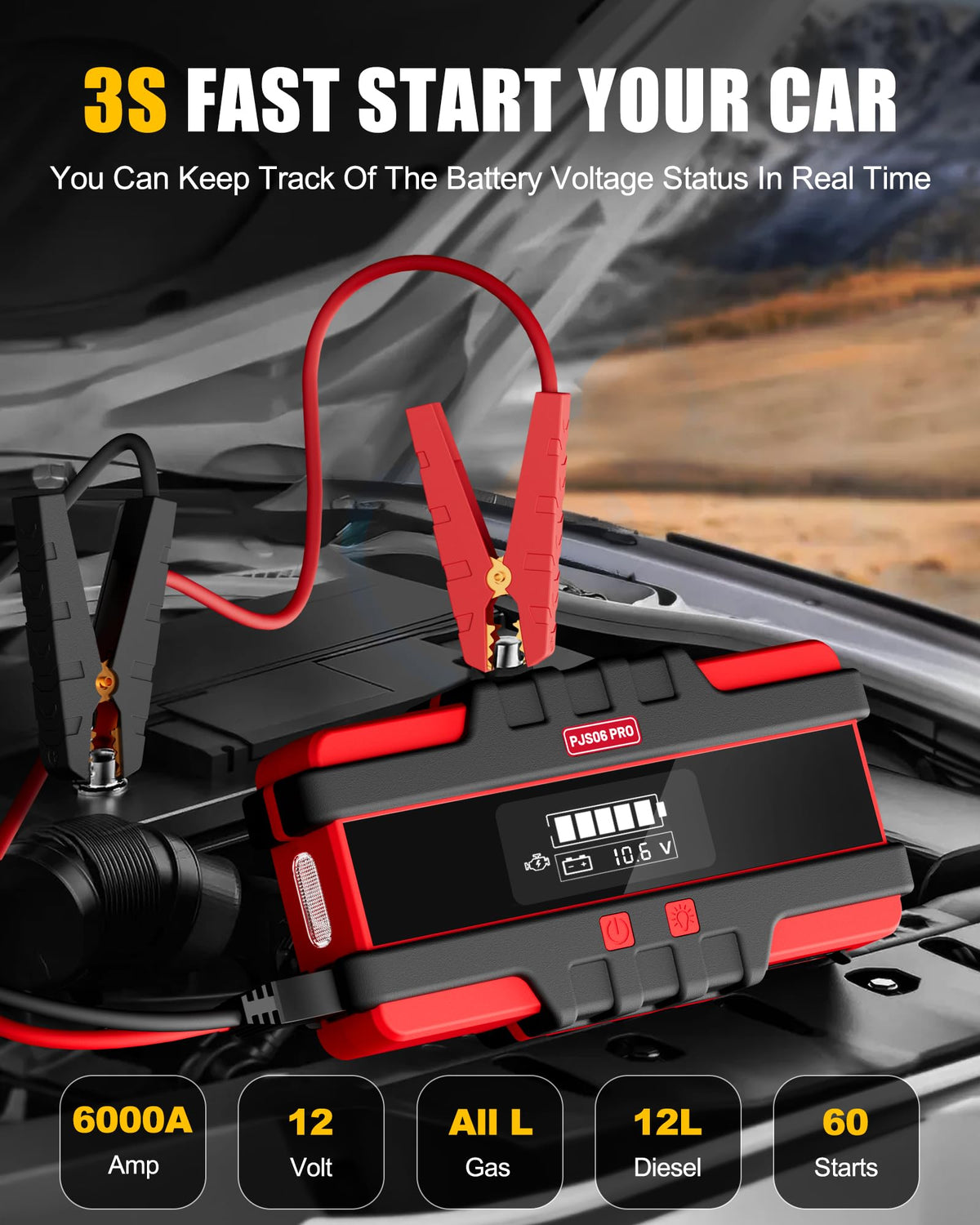SAFEMATE smart LCD display showing battery voltage and diagnostics for safer starts