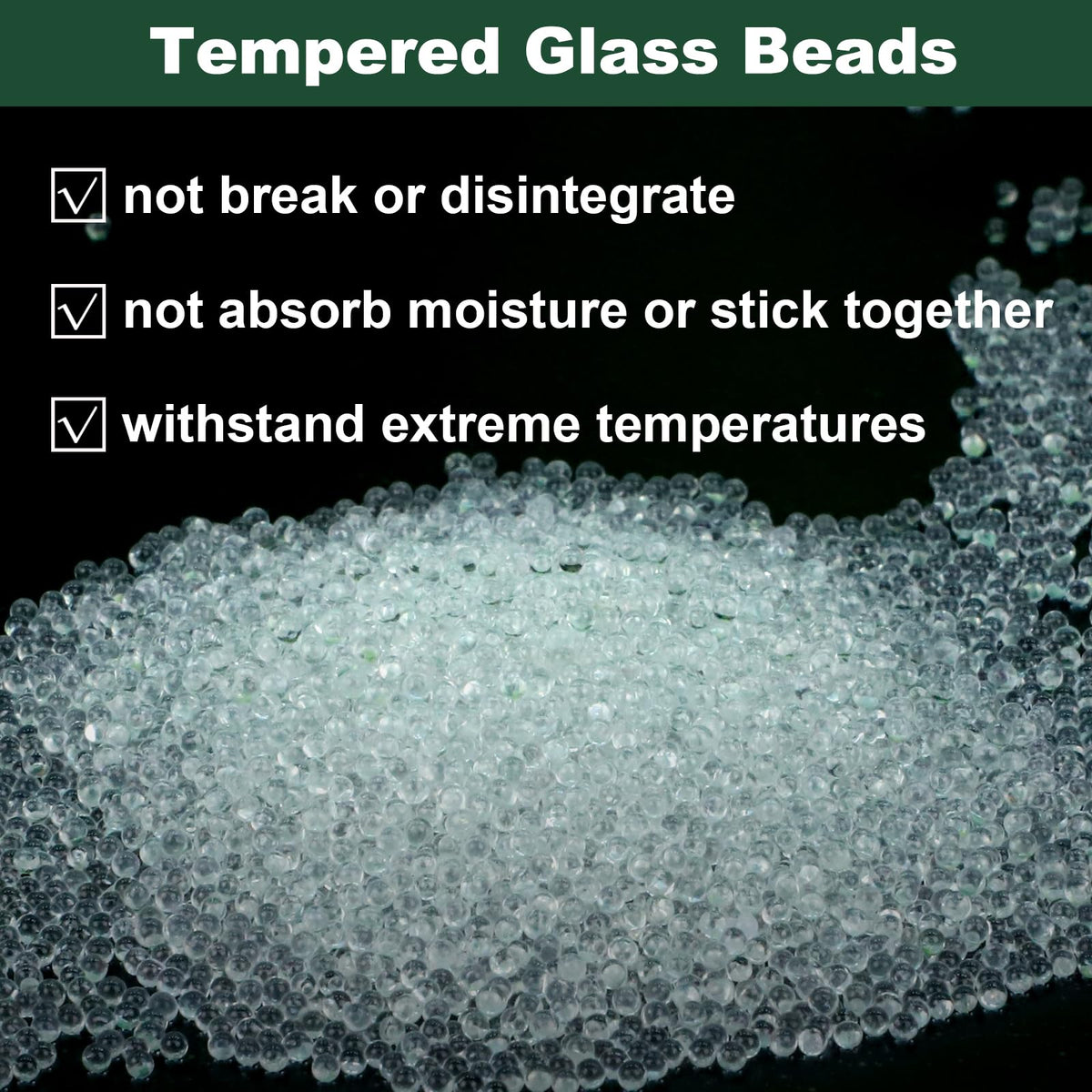Safetect close-up of tempered glass beads highlighting uniform size and anti-clump durability