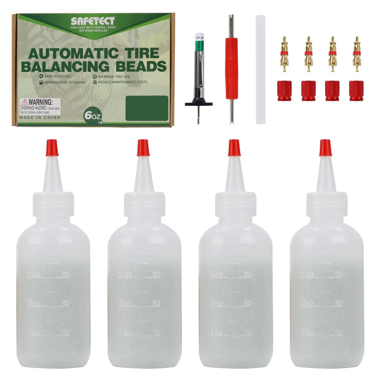 Safetect front packaging showing four bottles and included tools for easy balancing