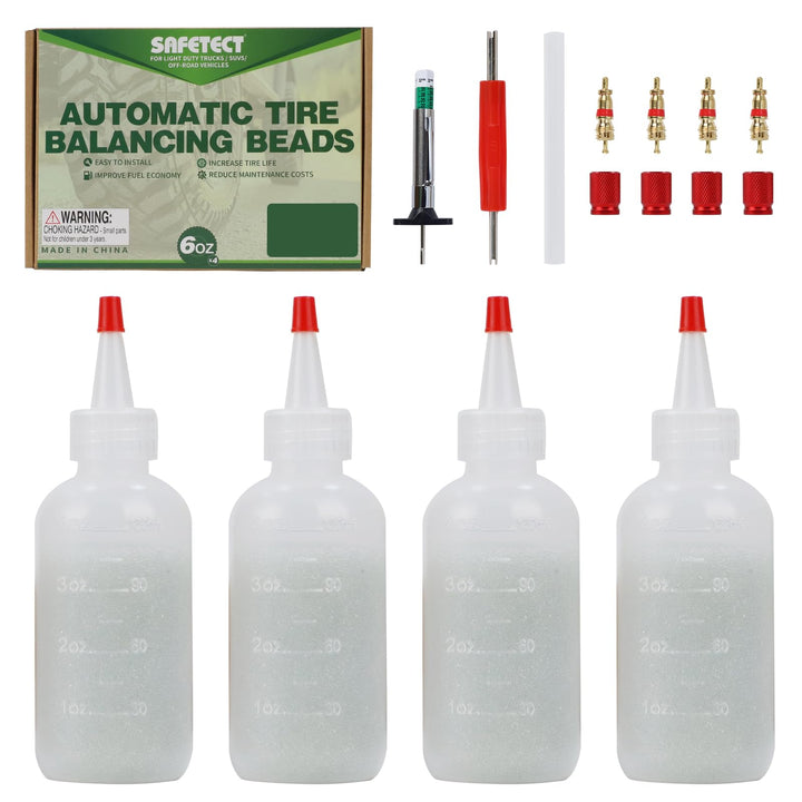 Safetect front packaging showing four bottles and included tools for easy balancing