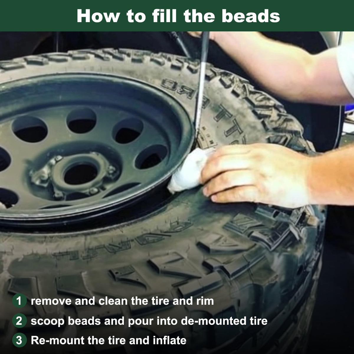 Safetect beads being poured into a tire during installation to demonstrate simple, shop-free fitting
