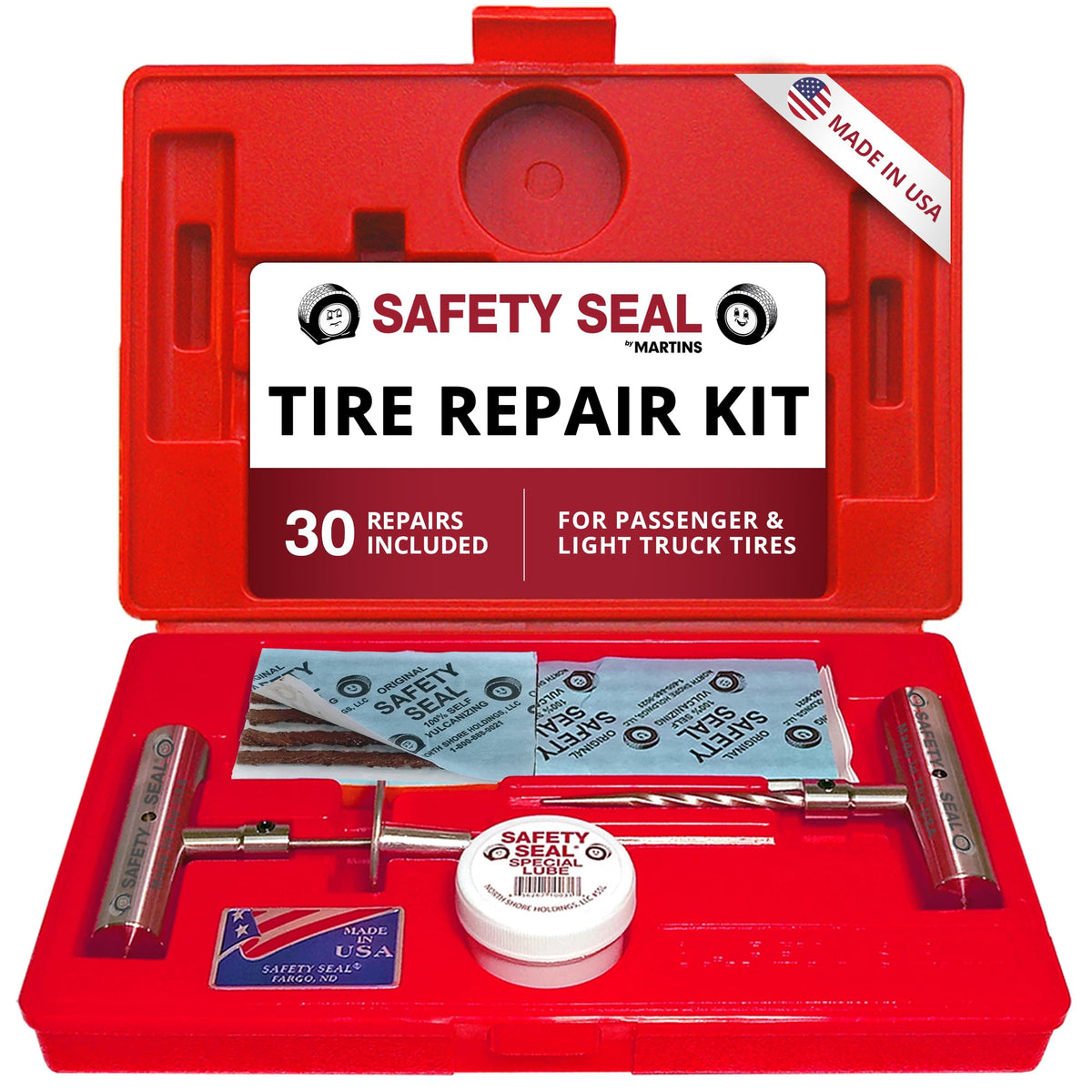 Safety Seal deluxe kit front view showing organized tools and plugs for quick repairs