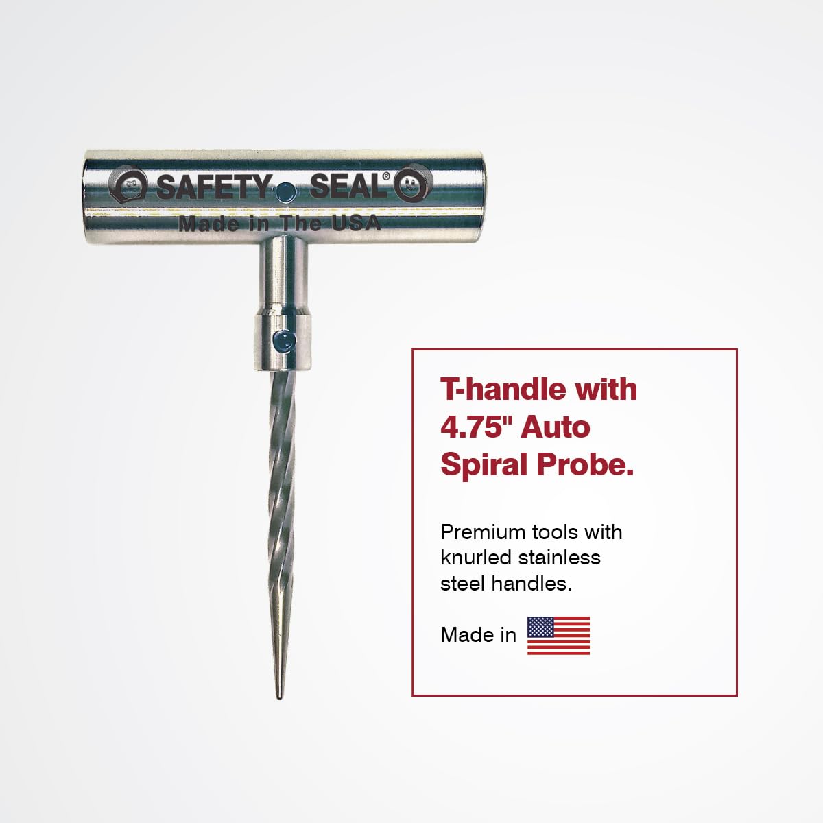 Safety Seal metal T-handle insertion tool displayed to show sturdy grip advantage