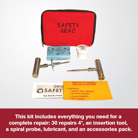 Safety Seal open kit layout showing tools and plugs for quick roadside repairs