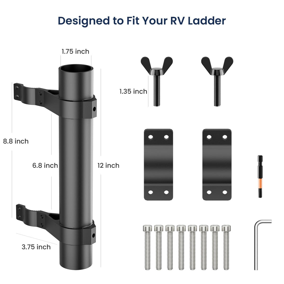 Safoner size comparison next to ruler showing compatible pole and rail sizes