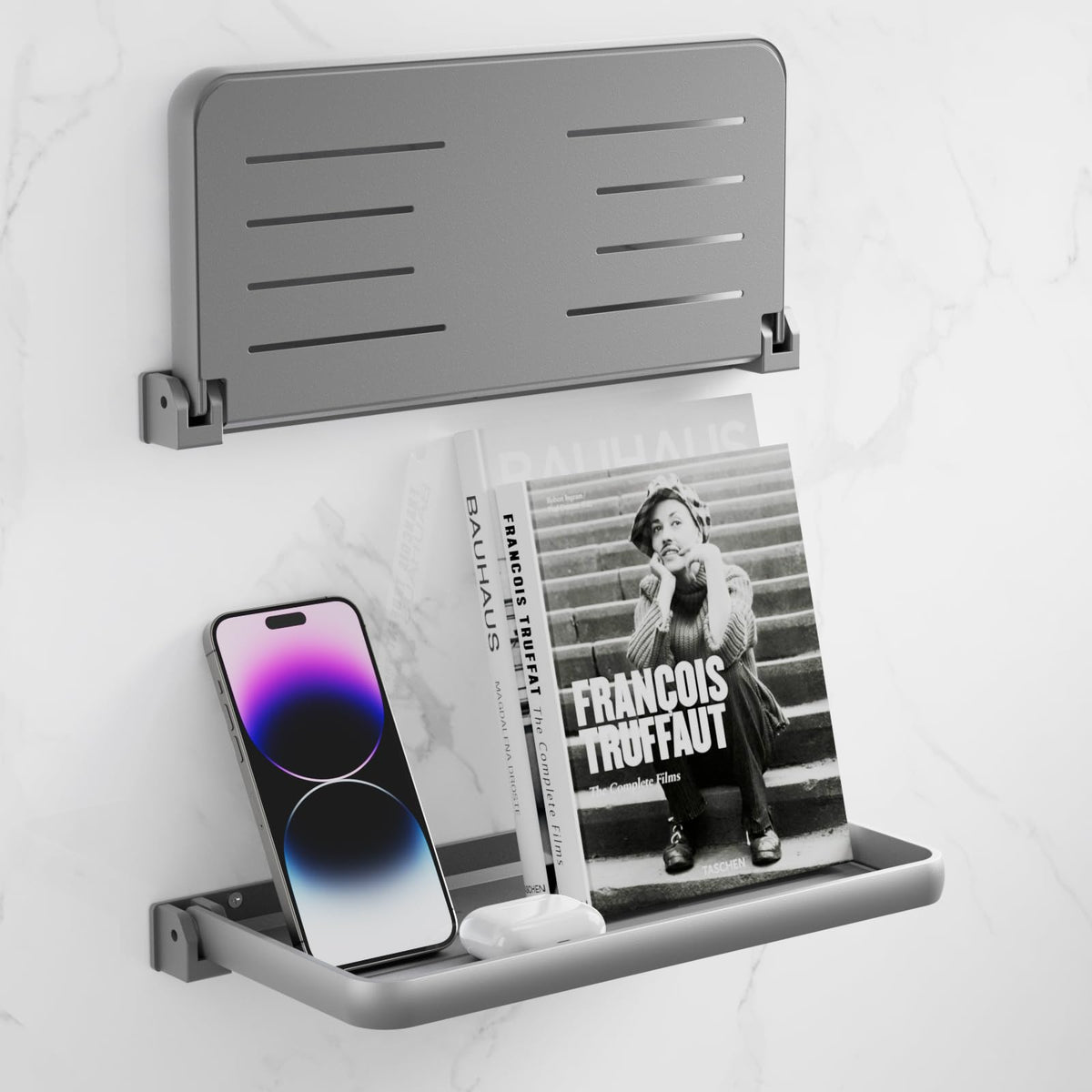 Safoner shelf front view showing sleek aluminum design and durable finish