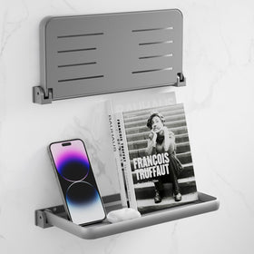 Safoner shelf front view showing sleek aluminum design and durable finish