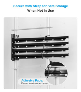 Safoner folded rack secured to RV ladder with bungee for safe travel and compact storage