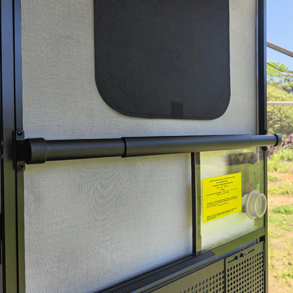 Safoner front view of the packaged aluminum RV screen door handle showing ready-to-install benefit