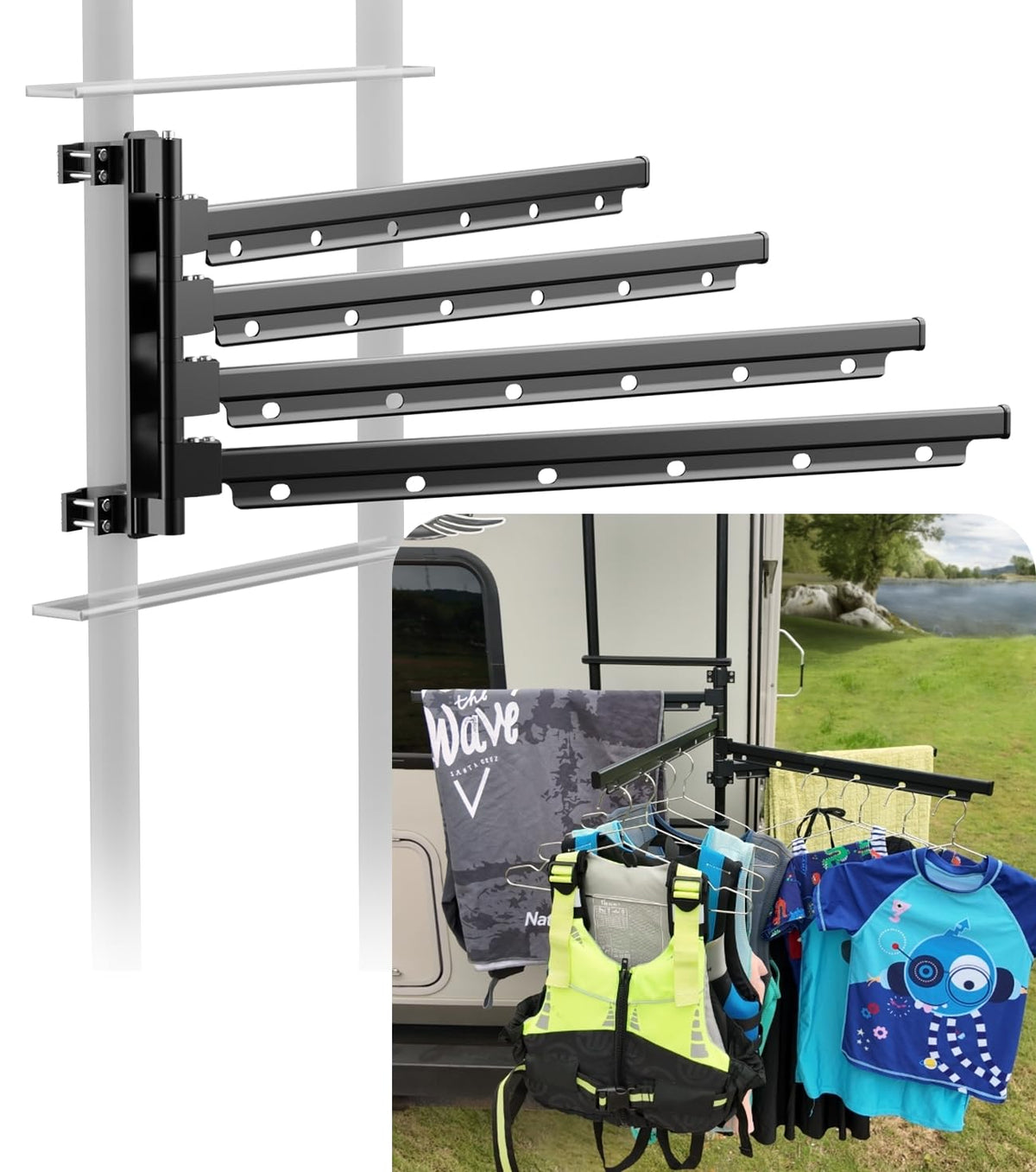 Safoner front view of ladder-mounted rack showing full hanging capacity and durable build