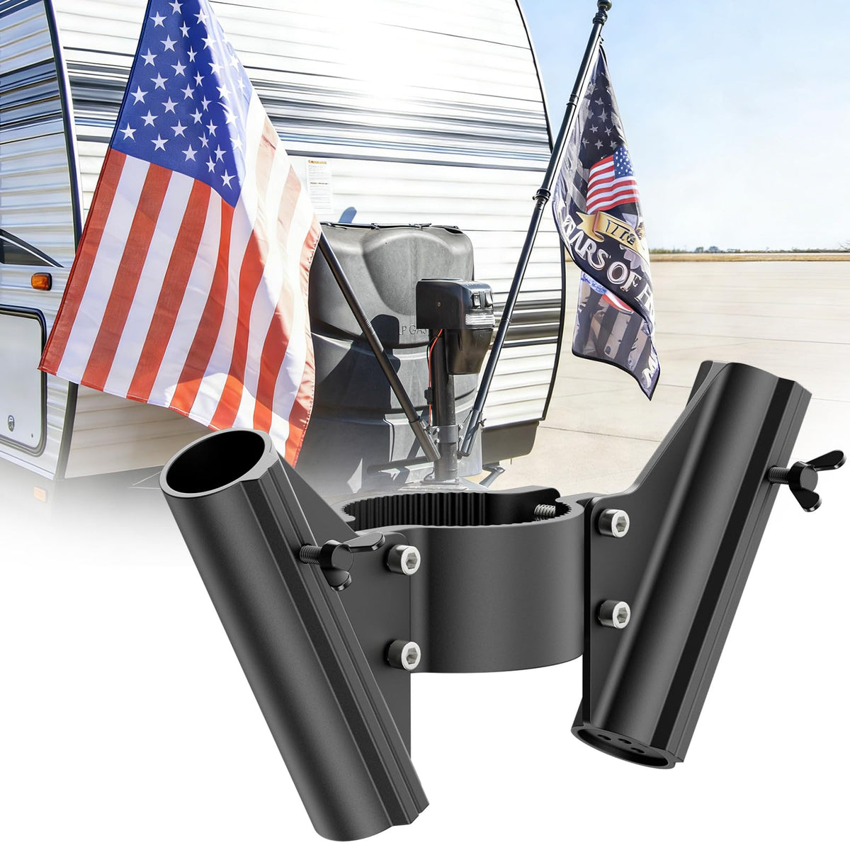Safoner front view mounted on tongue jack showing stable display benefit