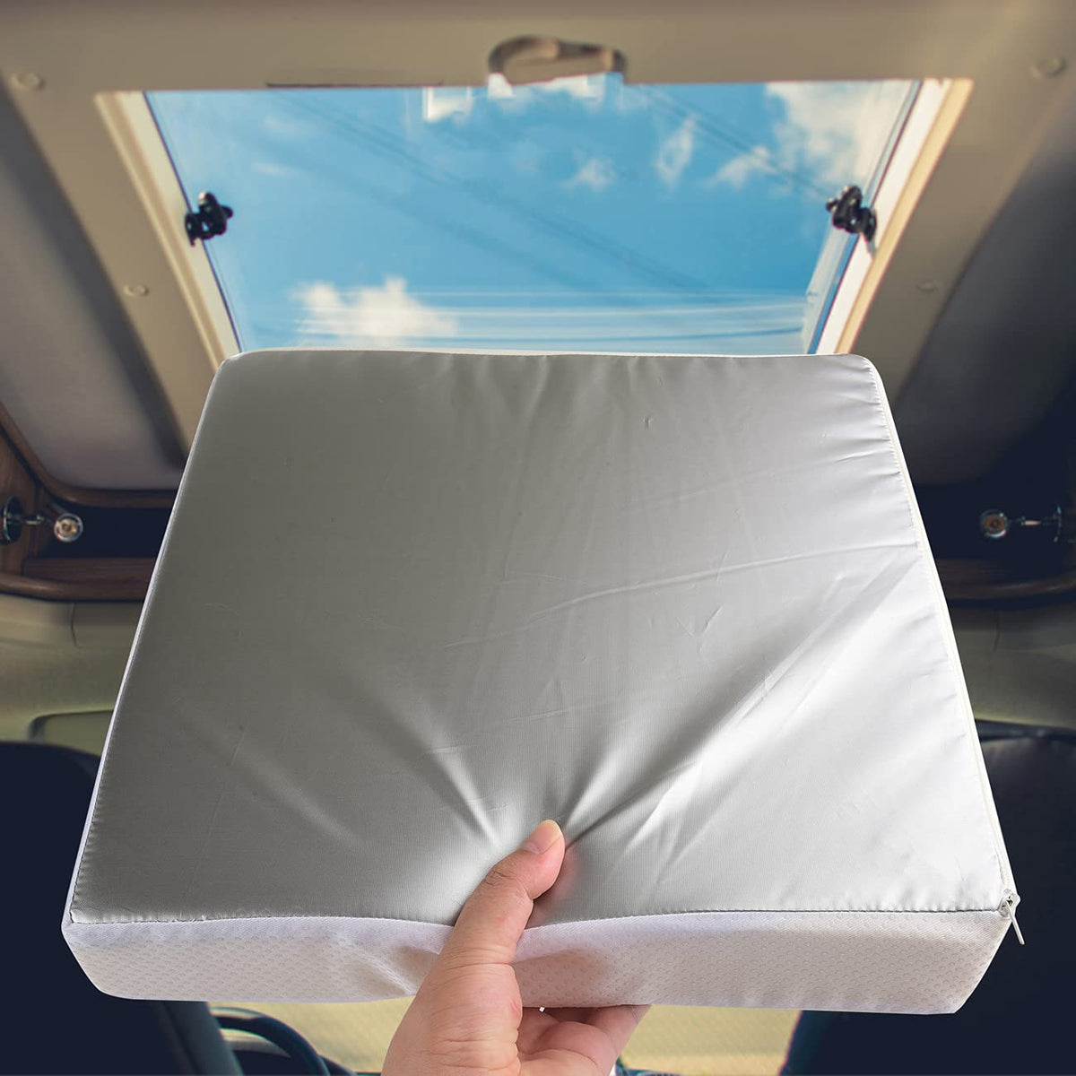 Safoner front view of 14x14 skylight cover showing reflective face and fit benefit