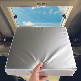 Safoner front view of 14x14 skylight cover showing reflective face and fit benefit