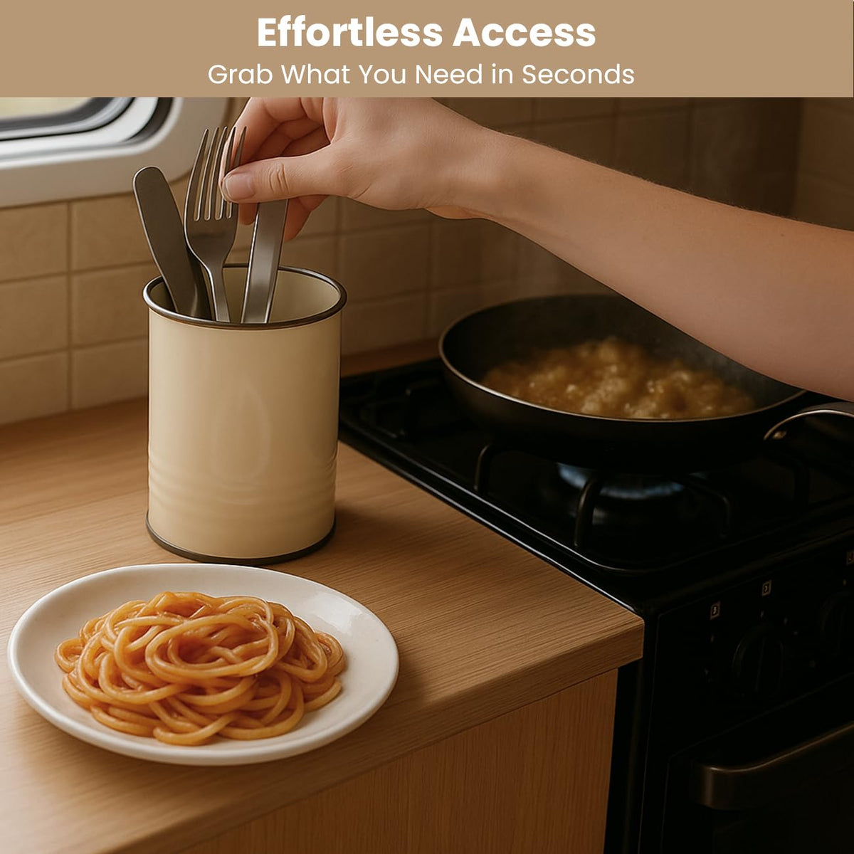 Safoner holders mounted on an RV fridge showing space-saving benefit