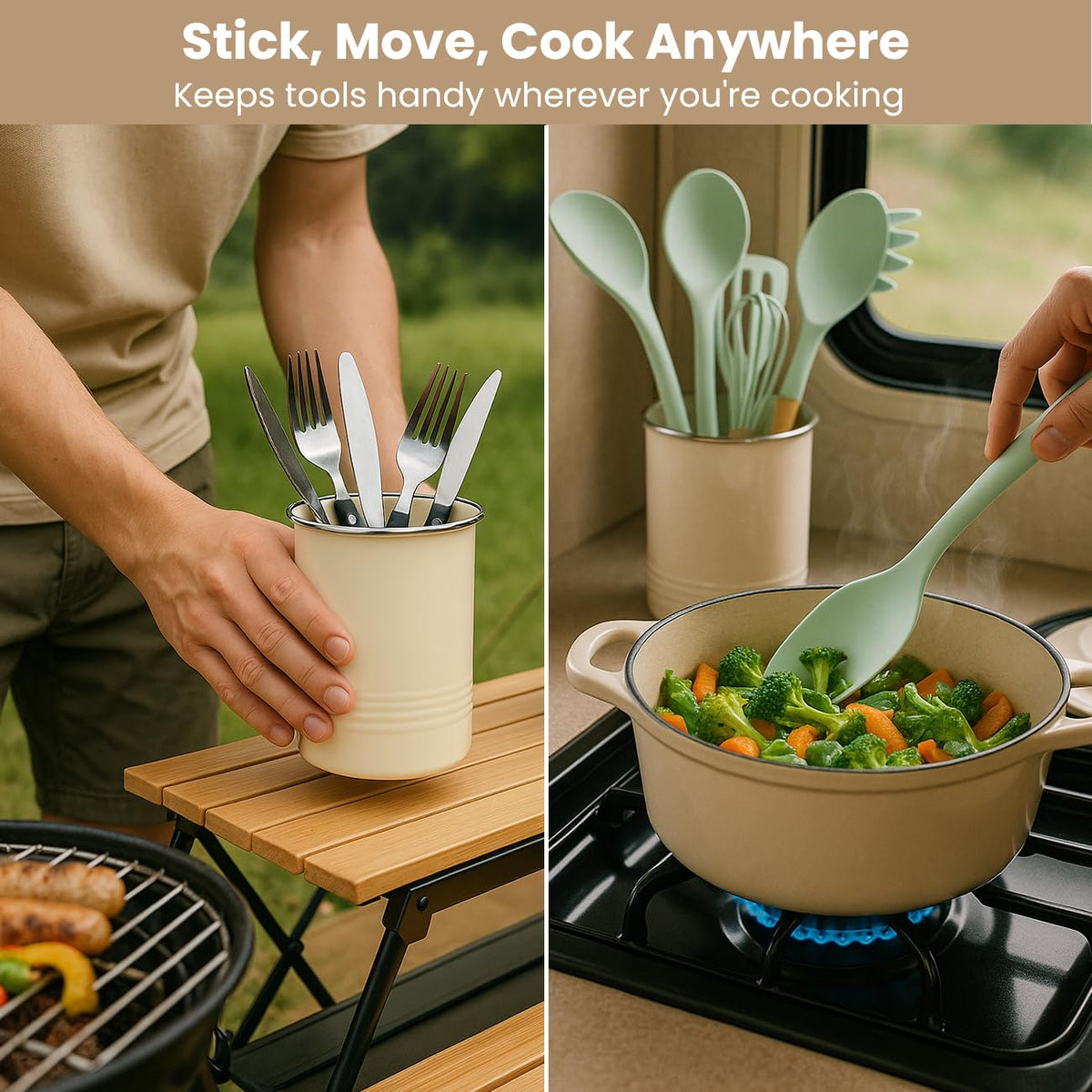 Safoner in camper kitchen lifestyle showing tidy counter and reachability